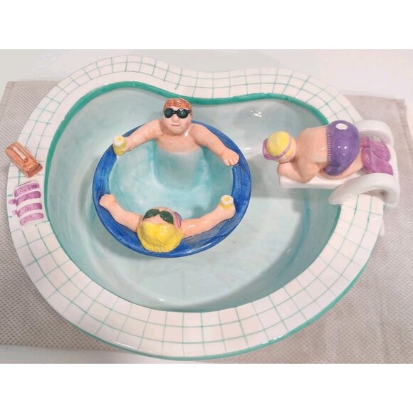 1995 Vtg Lotus Chip And Dip Swimming Pool Party And Hot Tub / Floaty Ceramic Set - Picture 1 of 16